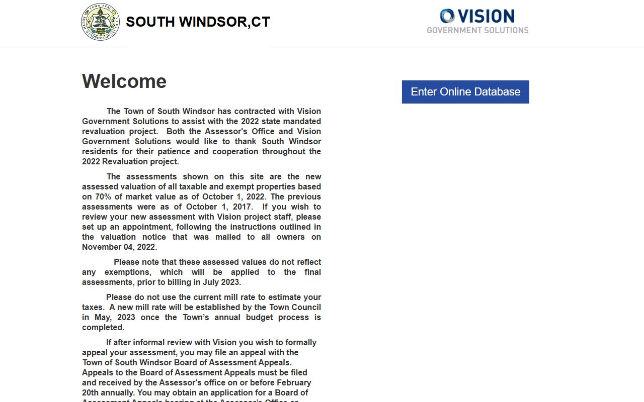 South Windsor Property Tax Records reference screenshot